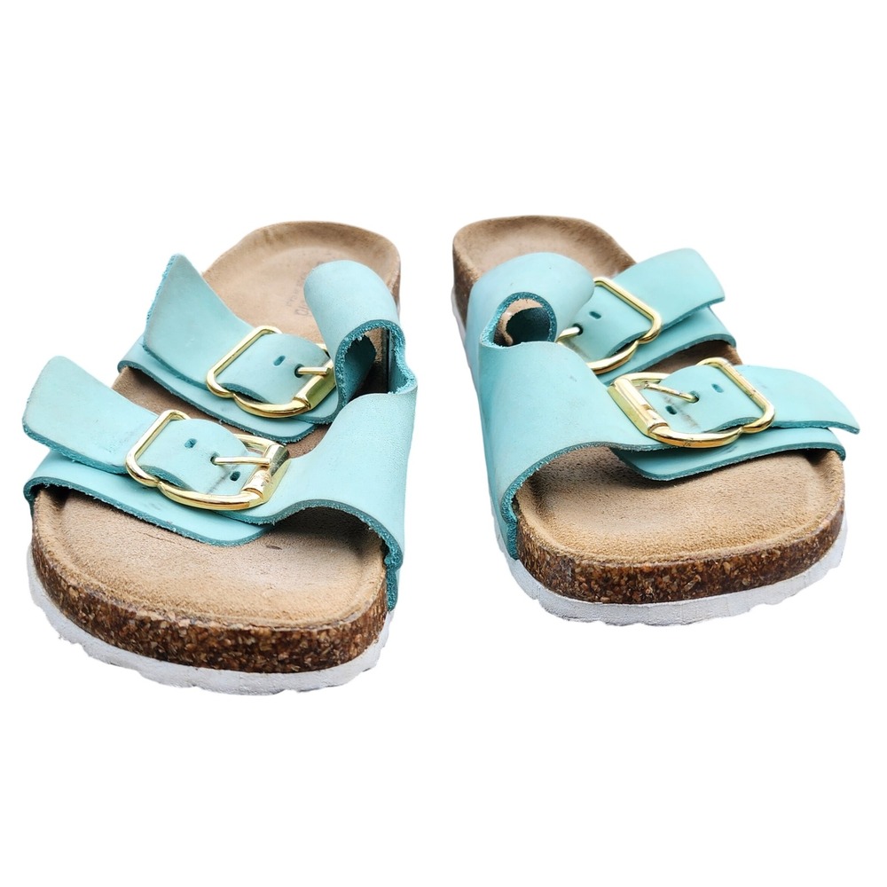 Bio-Gold Womens Turquoise Leather Double Strap Buckle Slide Sandals Size 9 - Picture 2 of 4